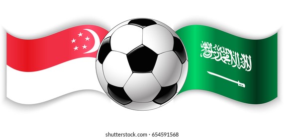 Singaporean and Saudi Arabian wavy flags with football ball. Singapore combined with Saudi Arabia isolated on white. Football match or international sport competition concept.