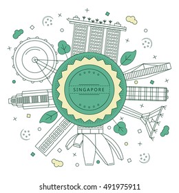 Singaporean top-rated attractions in flat line style around circle badge with text. Modern vector illustration of famous singapore buildings for flyer, web banner, cards, posters and tourist guides. 