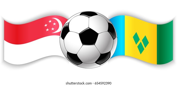 Singaporean and Vincentian wavy flags with football ball. Singapore combined with Saint Vincent and the Grenadines isolated on white. Football match or international sport competition concept.