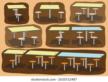 Singapore's hawker center tables are rectangular with fixed round stools, seating 2 to 12. The colorful arrangements create a lively setup for communal dining in bustling food courts.