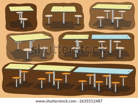 Singapore's hawker center tables are rectangular with fixed round stools, seating 2 to 12. The colorful arrangements create a lively setup for communal dining in bustling food courts.