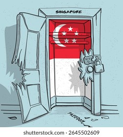 O caminho de Singapura para a liberdade. Ilustração política de uma porta quebrada, mas trancada, com a bandeira nacional. Uma metáfora para luta e esperança.