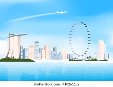 Singapure skyline in day and  airplane in sky, vector illustration