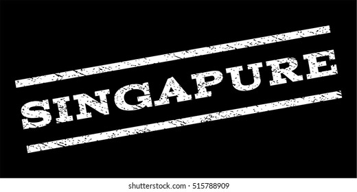 Singapure watermark stamp. Text caption between parallel lines with grunge design style. Rubber seal stamp with unclean texture. Vector white color ink imprint on a black background.