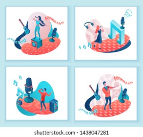 Singer 3d isometric vector illustration set, girl singing with microphone, trendy geometric patterns, music band artists, jazz fesival, cartoon collection of musical people, blue and coral color