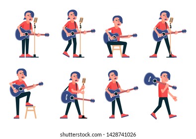 Singer with acoustic guitar in various poses. Vector flat character.