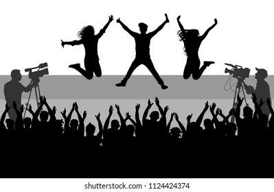 Singer with backup dancing on scene. Cheerful crowd of people. Silhouette, vector