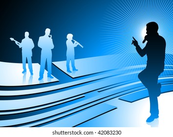 singer and band on abstract internet blue background