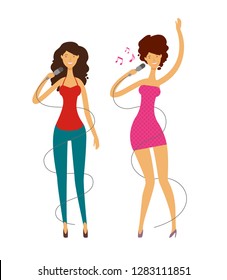 Singer or beautiful girl singing a song into a microphone. Karaoke, song, music concept. Cartoon vector illustration