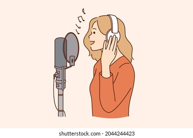 Singer, blogger and radio program concept. Young smiling woman in headphones standing singing song or talking on microphone in studio vector illustration 