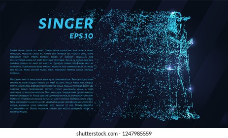 The singer of the blue glowing dots. The girl with the microphone from particles. Vector illustration