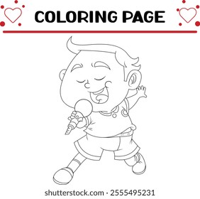 singer boy is singing song with big mic coloring page for kids