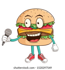 A singer of burger cartoon character holding a microphone with funny smile face
