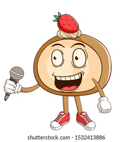 A singer of cake roll cartoon character holding a microphone with funny smile face