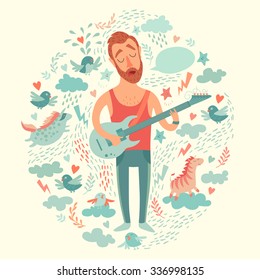 Singer cartoon guitarist playing guitar on a colorful background.  Isolated vector illustration