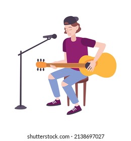 Singer character flat composition with isolated singing human character playing guitar on blank background vector illustration