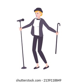 Singer character flat composition with isolated human character of performing woman with walking stick vector illustration