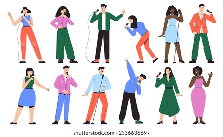 Singer characters. Cartoon singers with microphone in different poses, traditional folk artists with singing voice for party invitation design. Vector set of woman singer and singing illustration