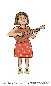 A singer child, a girl in a dress, plays the guitar or ukulele and sings a song. Cute flat cartoon character isolated on white.