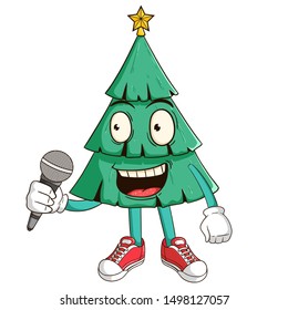 A Singer Christmas Tree Cartoon Character With Funny Smile Face