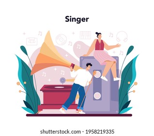 Singer concept. Performer singing with microphone on stage. Music show