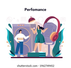 Singer concept. Performer singing with microphone on stage. Music show