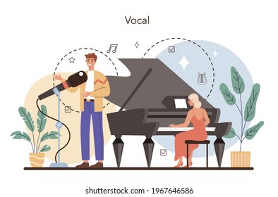 Singer concept. Performer singing with microphone on stage. Vocal music