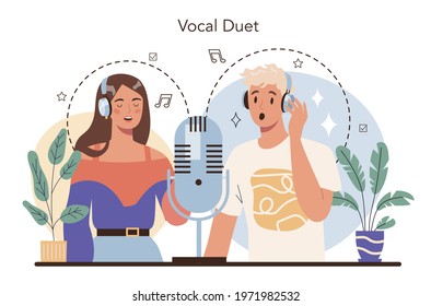 Singer Concept. Performers Duet Singing With Microphone On Stage. Vocal Music Show, Live Sound Performance. Vector Illustration In Flat Style