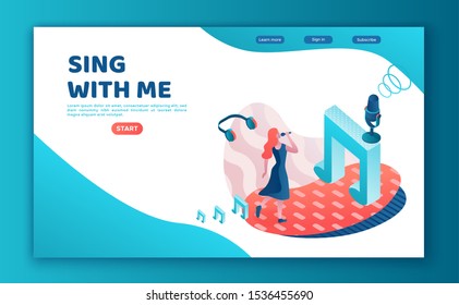 Singer contest 3d isometric landing page, vector colorful illustration, girl singing with microphone, radio person, listen music, website template, ui, ux design