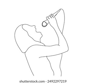 Singer in continuous line art drawing style. Young woman holding microphone and singing. Black linear sketch isolated on white background. Vector illustration