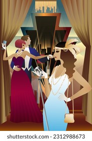 Singer and couple of people dancing in vintage costumes. Retro party in the style of the 1920-1930s. Vector illustration.