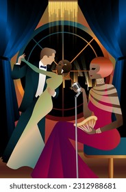 Singer and couple of people dancing in vintage costumes. Retro party in the style of the 1920-1930s. Vector illustration.