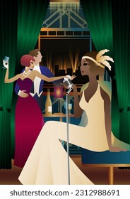 Singer and couple of people dancing in vintage costumes. Retro party in the style of the 1920-1930s. Vector illustration.