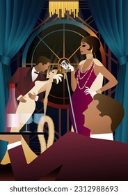 Singer and couple of people dancing in vintage costumes. Retro party in the style of the 1920-1930s. Vector illustration.