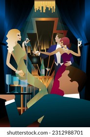 Singer and couple of people dancing in vintage costumes. Retro party in the style of the 1920-1930s. Vector illustration.