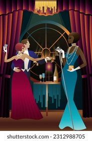 Singer and couple of people dancing in vintage costumes. Retro party in the style of the 1920-1930s. Vector illustration.