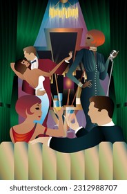 Singer and couple of people dancing in vintage costumes. Retro party in the style of the 1920-1930s. Vector illustration.