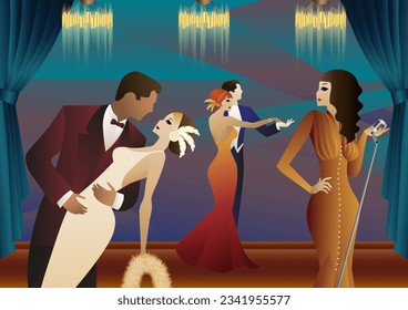 Cantante y pareja de personas bailando con disfraces vintage. Fiesta retro al estilo de los años 1920-1930. Ilustración vectorial.