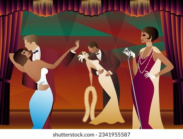 Singer and couple of people dancing in vintage costumes. Retro party in the style of the 1920-1930s. Vector illustration.