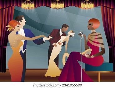 Singer and couple of people dancing in vintage costumes. Retro party in the style of the 1920-1930s. Vector illustration.