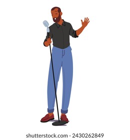 Singer Creative Profession. Male Character with Microphone Express Emotions And Stories Through Melody And Vocal Performance, Captivating Audience With Unique Sound. Cartoon People Vector Illustration