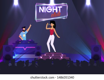 Singer and DJ Performance on Stage in Night Club. Pop Star Singing Song in Microphone. Man Disk Jockey Mixing Music on Turntable. Flat People Crowd Dancing on Dance Floor. Vector Cartoon Illustration