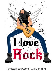 Singer with electric guitar. Cartoon man with musical instrument, concept of play metal music, vector illustration logo of performance on rock concert isolated on white background