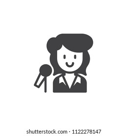 Singer female vector icon. filled flat sign for mobile concept and web design. Woman with microphone simple solid icon. Symbol, logo illustration. Pixel perfect vector graphics