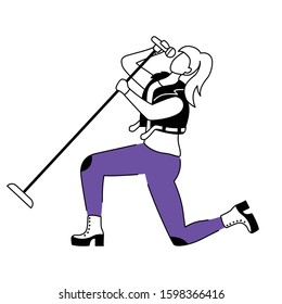 Singer flat contour vector illustration. Lead vocalist. Frontwoman. Musician. Rock band member. Woman with microphone on stand. Isolated cartoon outline character on white background. Simple drawing