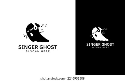 Singer ghost logo design. Cute ghost with music note and headphone symbol