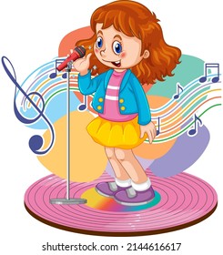 Singer girl cartoon with music melody symbols illustration