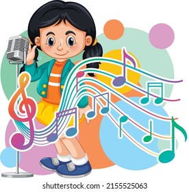 Singer girl cartoon with music melody symbols illustration