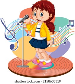 Singer girl cartoon with music melody symbols illustration