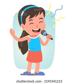 Singer girl kid singing song performing concert. Artist performer child person cartoon character holding microphone. Performance voice sound, talent entertainment show flat vector illustration